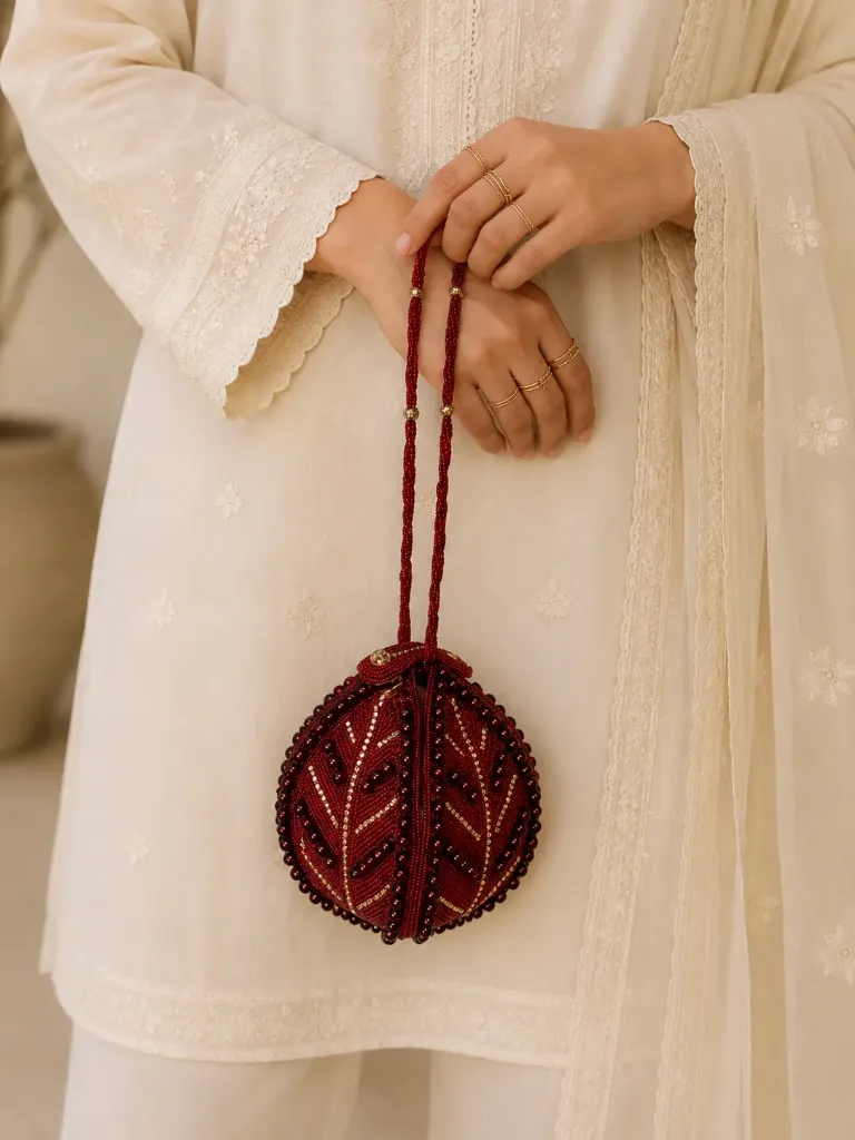 [redball] Ruby Leaf Beaded Potli Bag
